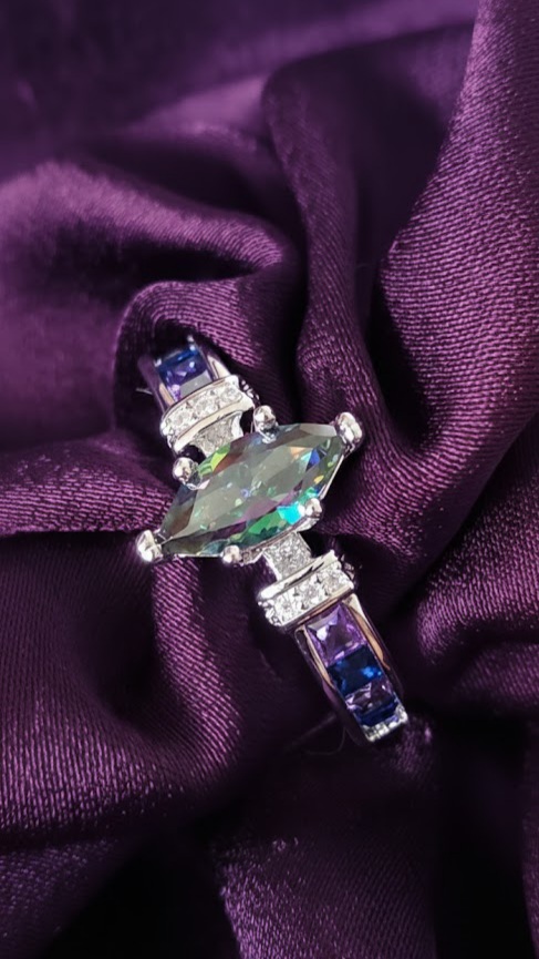 White Gold Plated Sterling Silver Ring With Mystic Topaz Stone - Image 2