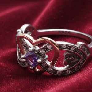 Exquisite Sterling Silver Ring with Gilded Heart and Amethyst Stone