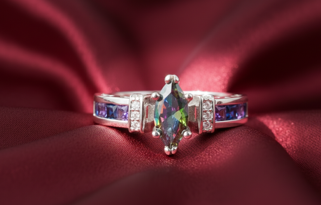 White Gold Plated Sterling Silver Ring With Mystic Topaz Stone