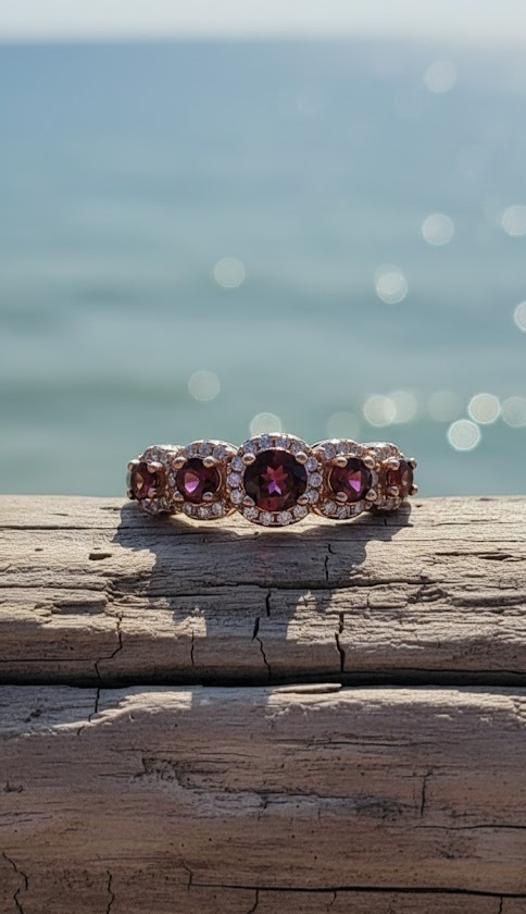 Sterling Silver Ring With Five Natural Garnet Stones - Image 2